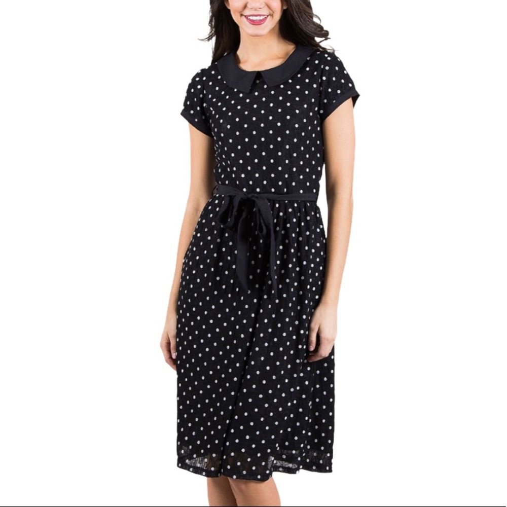 Downeast Basic Black Collared Polka Dot Dress - image 1